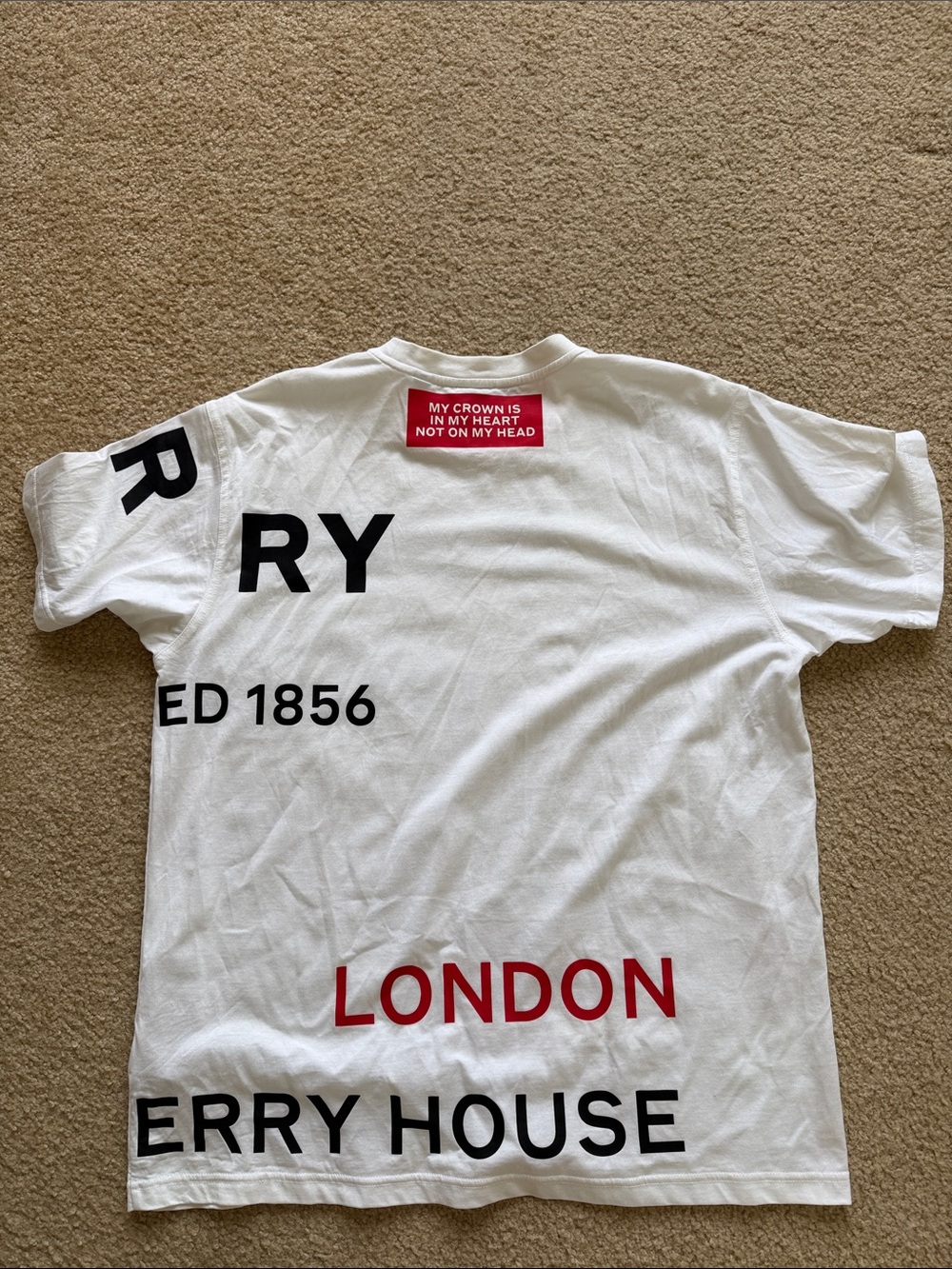 Burberry White Tee with Black & Red Graphic Text - Picture 2 of 5